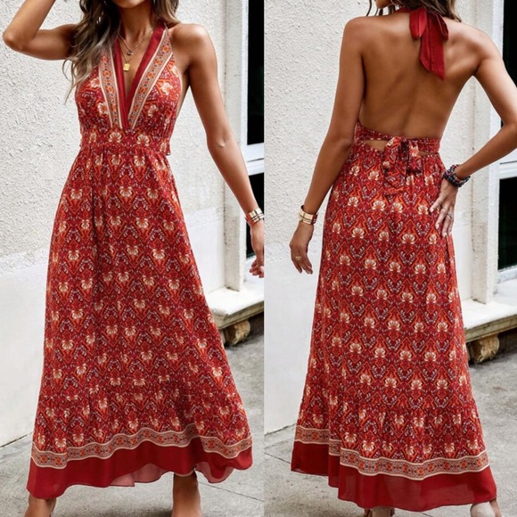 Boho floral print ruffle hem tie back halter maxi dress - Picture 2 of 7